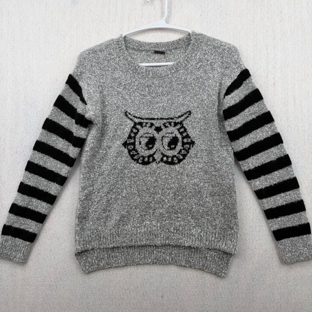 Poof Girl Grey Marl Owl Graphic Striped Sleeve Boucle Knit Sweater Large